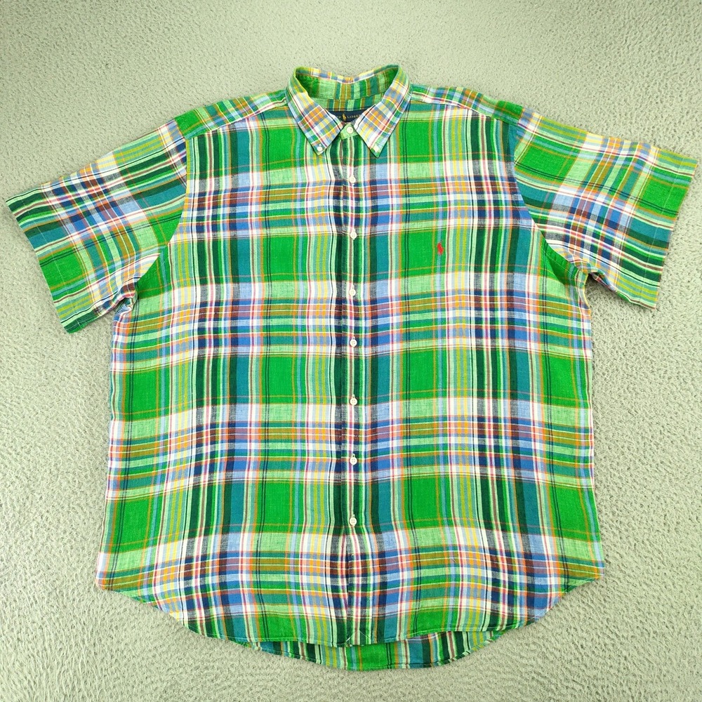 Ralph Lauren Shirt Mens 2XB Big Green Plaid 100% Linen Button Down Short Sl - Picture 2 of 16